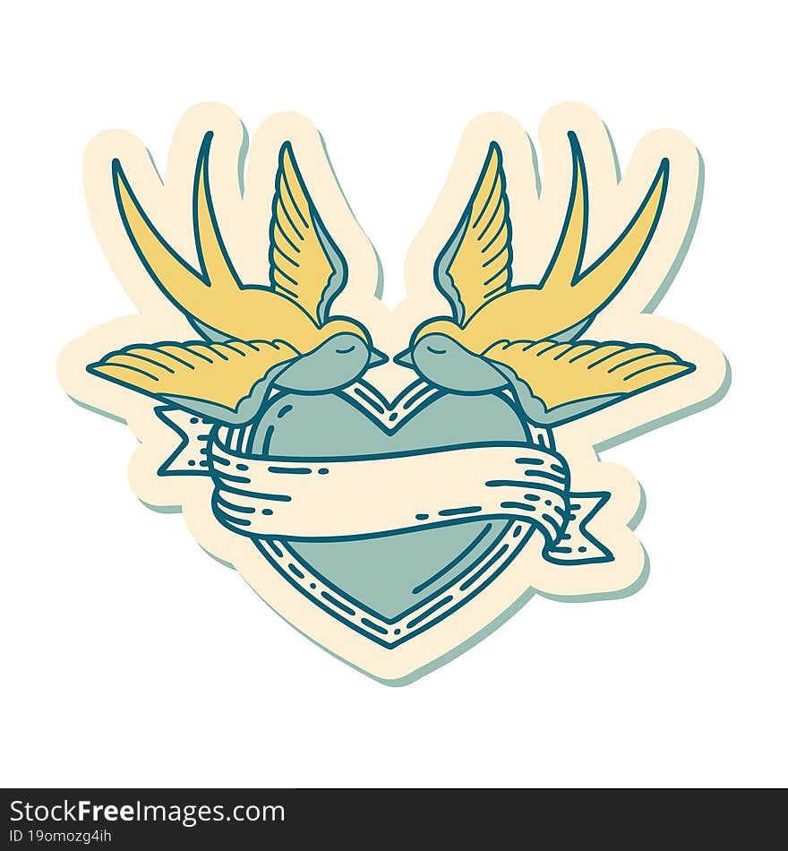 sticker of tattoo in traditional style of swallows and a heart with banner. sticker of tattoo in traditional style of swallows and a heart with banner