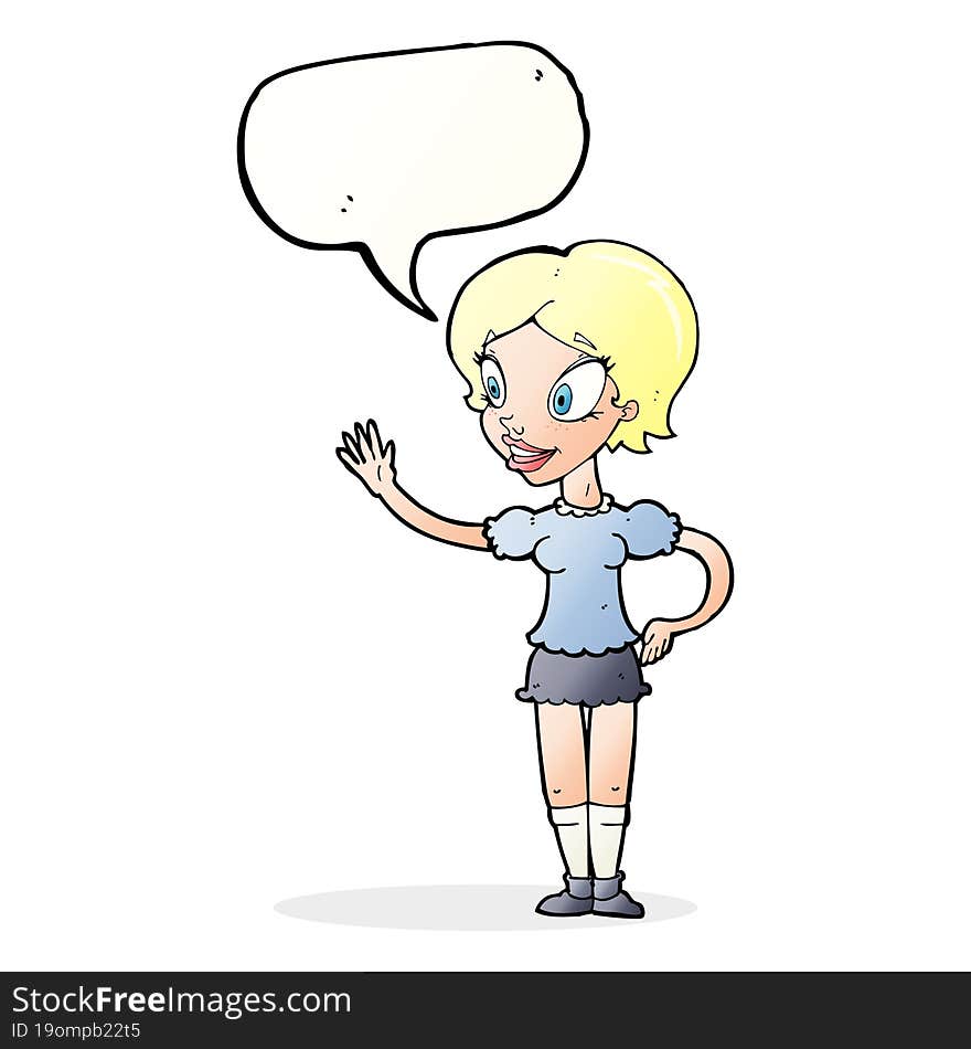 cartoon waving woman with speech bubble