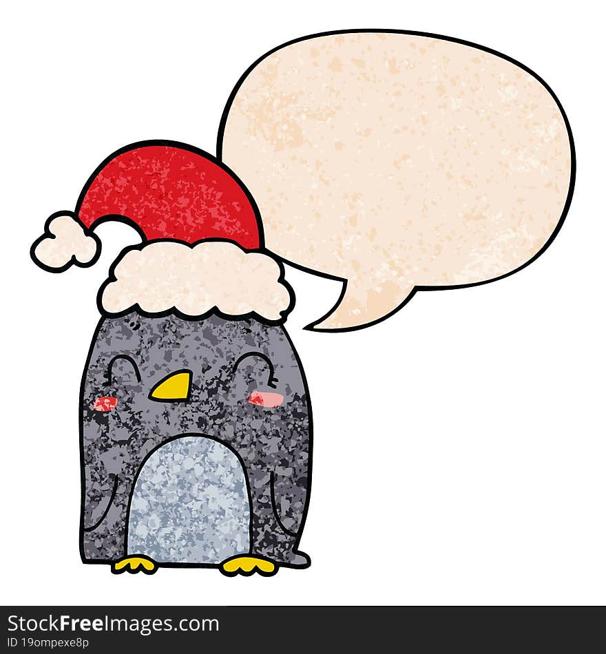 Cute Christmas Penguin And Speech Bubble In Retro Texture Style