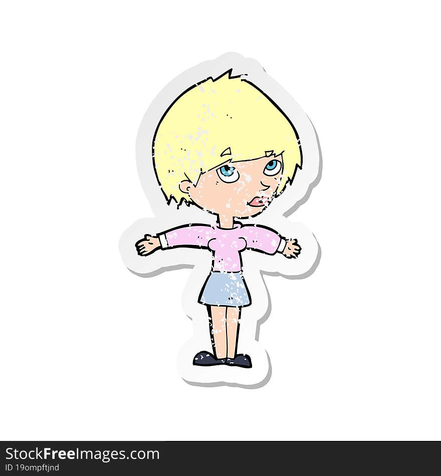 retro distressed sticker of a cartoon woman with open arms