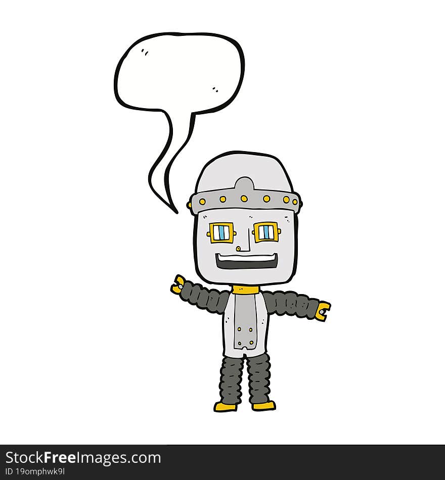 cartoon waving robot with speech bubble