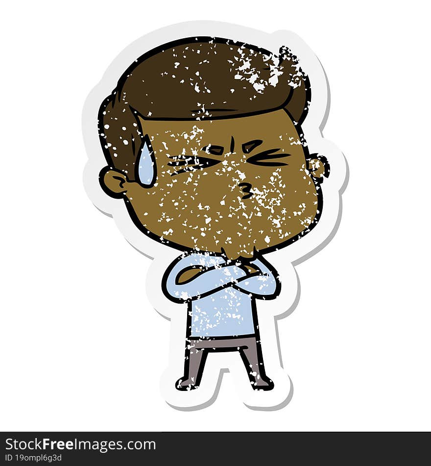 distressed sticker of a cartoon man sweating