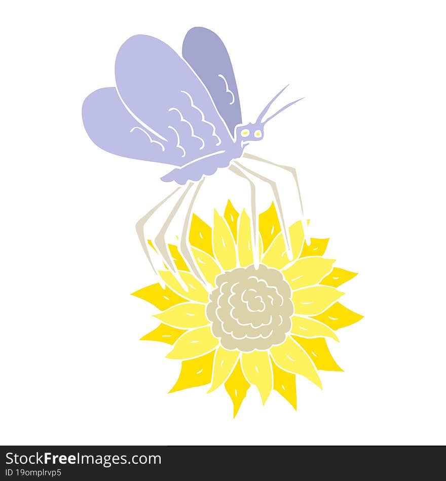 flat color illustration of a cartoon butterfly on flower