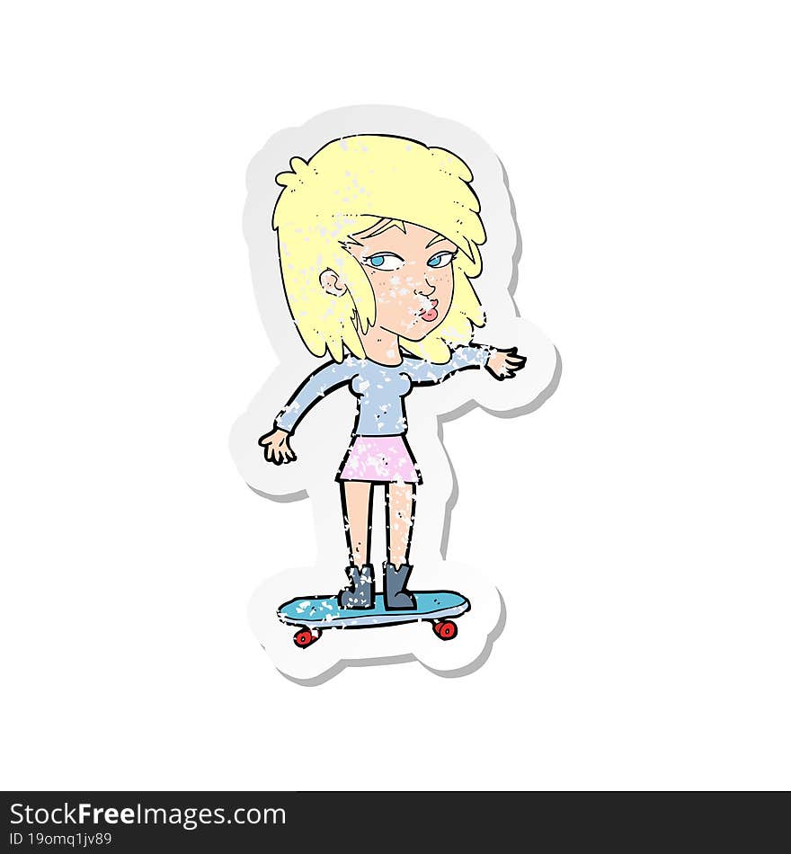 Retro Distressed Sticker Of A Cartoon Woman On Skateboard