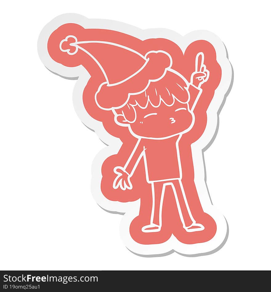 cartoon  sticker of a curious boy wearing santa hat