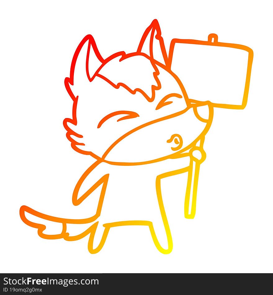 Warm Gradient Line Drawing Cartoon Wolf With Protest Sign