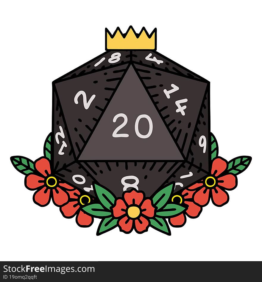 natural 20 D20 dice roll with floral elements illustration