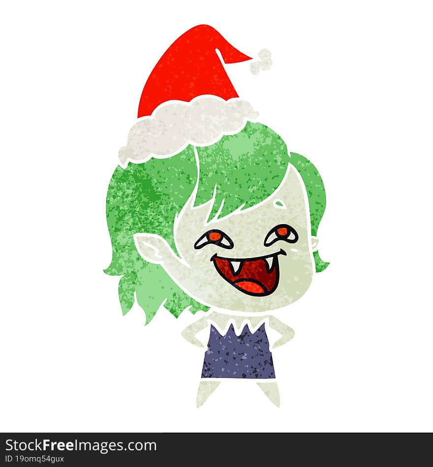 retro cartoon of a laughing vampire girl wearing santa hat