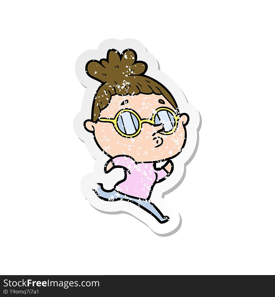 distressed sticker of a cartoon woman wearing glasses