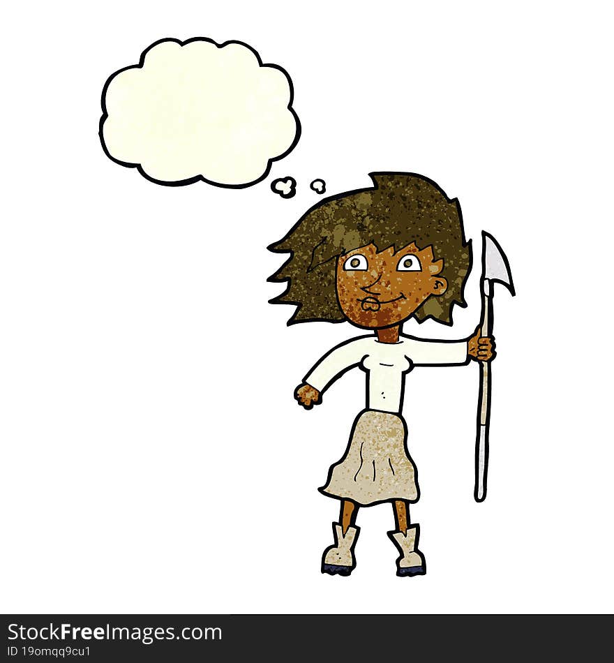 cartoon woman with spear with thought bubble