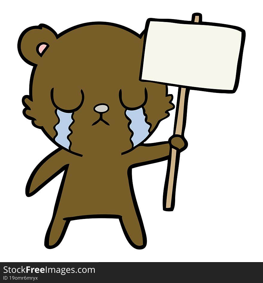 crying cartoon bear with sign. crying cartoon bear with sign