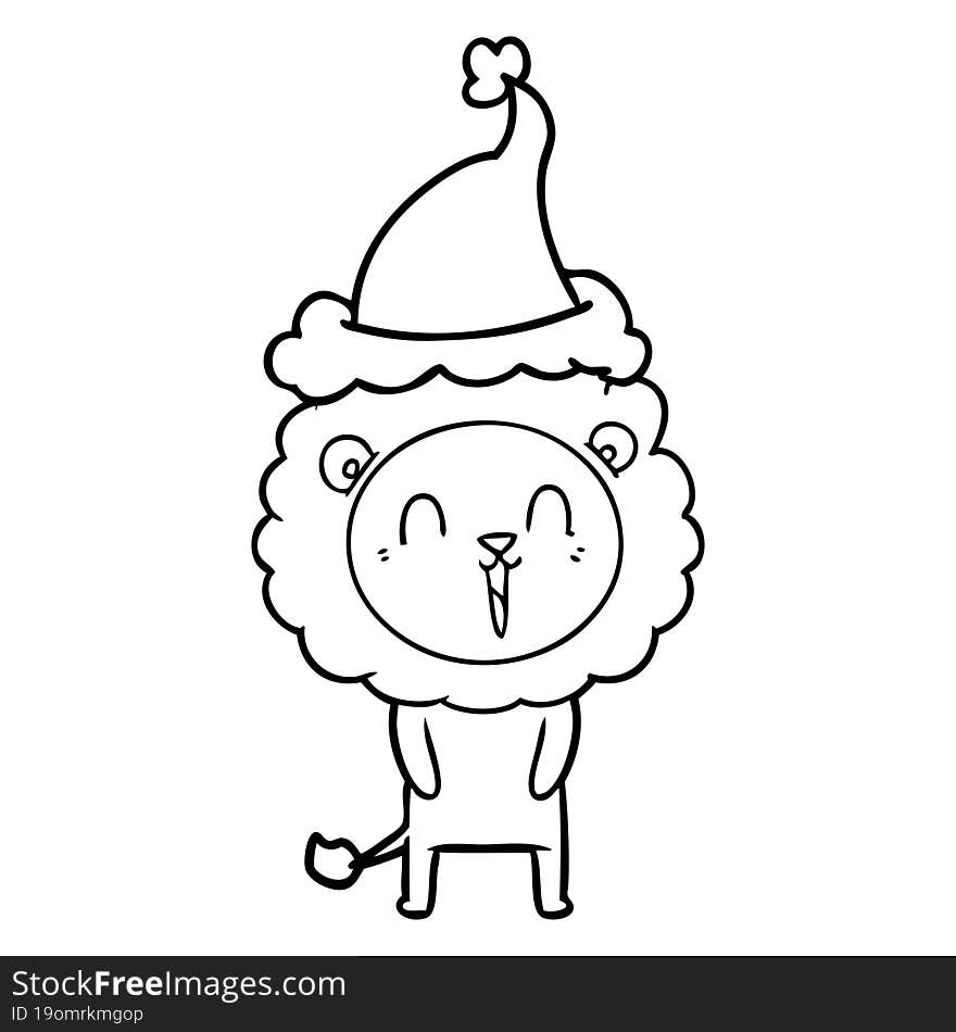 laughing lion hand drawn line drawing of a wearing santa hat. laughing lion hand drawn line drawing of a wearing santa hat