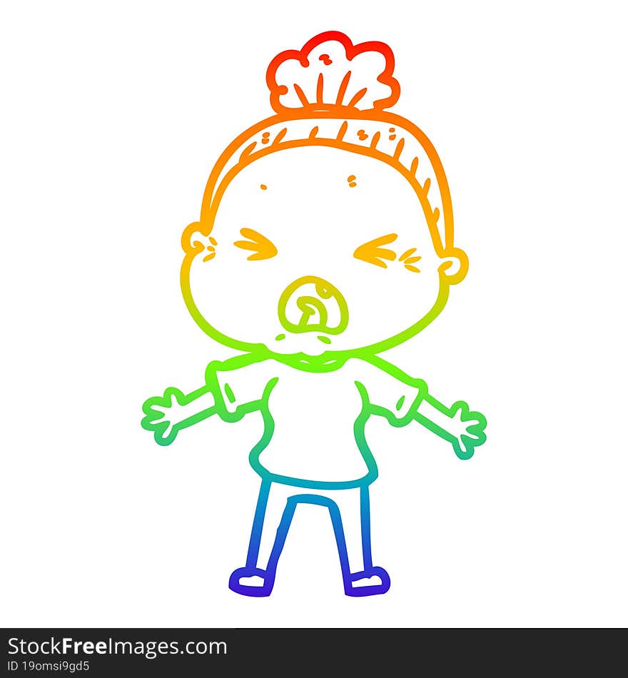 Rainbow Gradient Line Drawing Cartoon Angry Old Woman