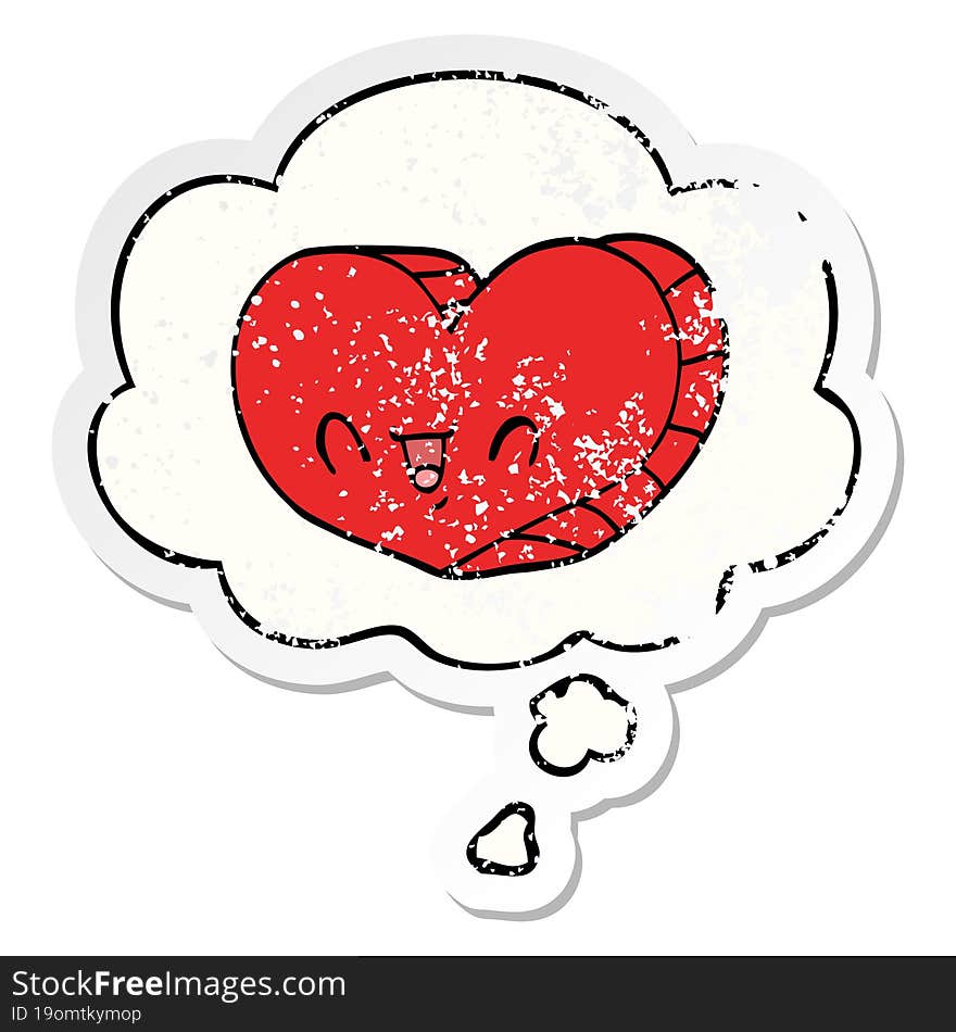 Cartoon Love Heart And Thought Bubble As A Distressed Worn Sticker