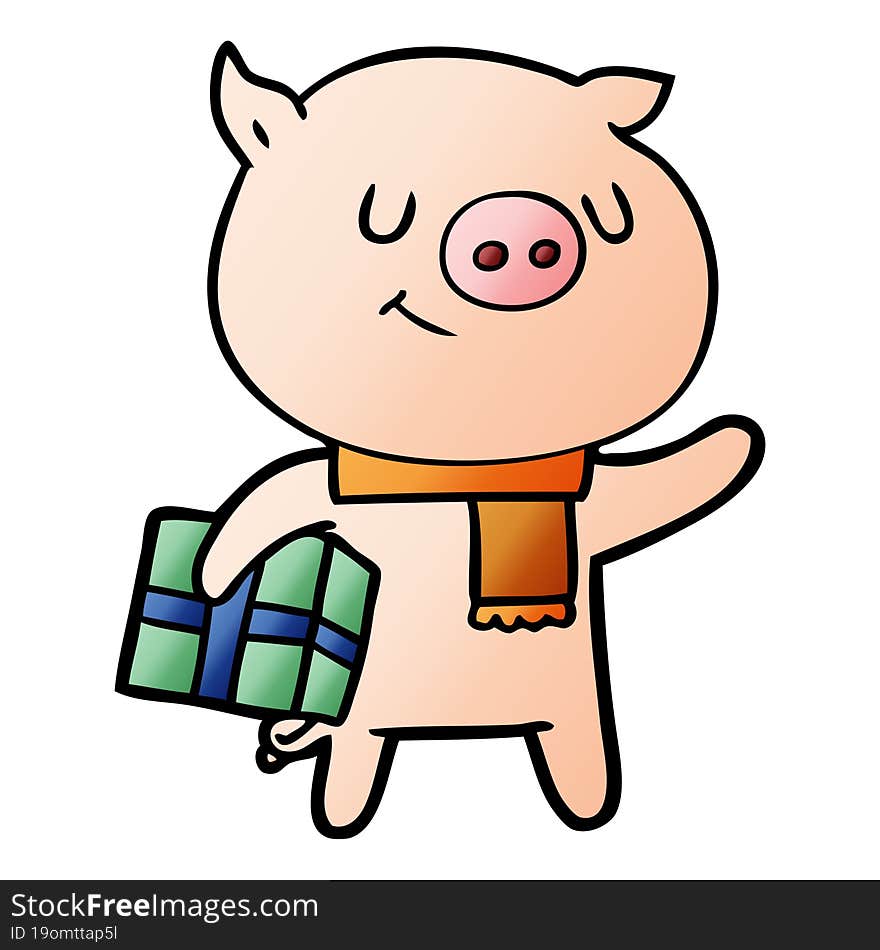 happy cartoon pig with christmas present. happy cartoon pig with christmas present