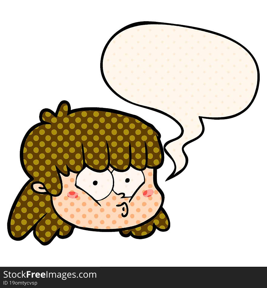 cartoon female face and speech bubble in comic book style