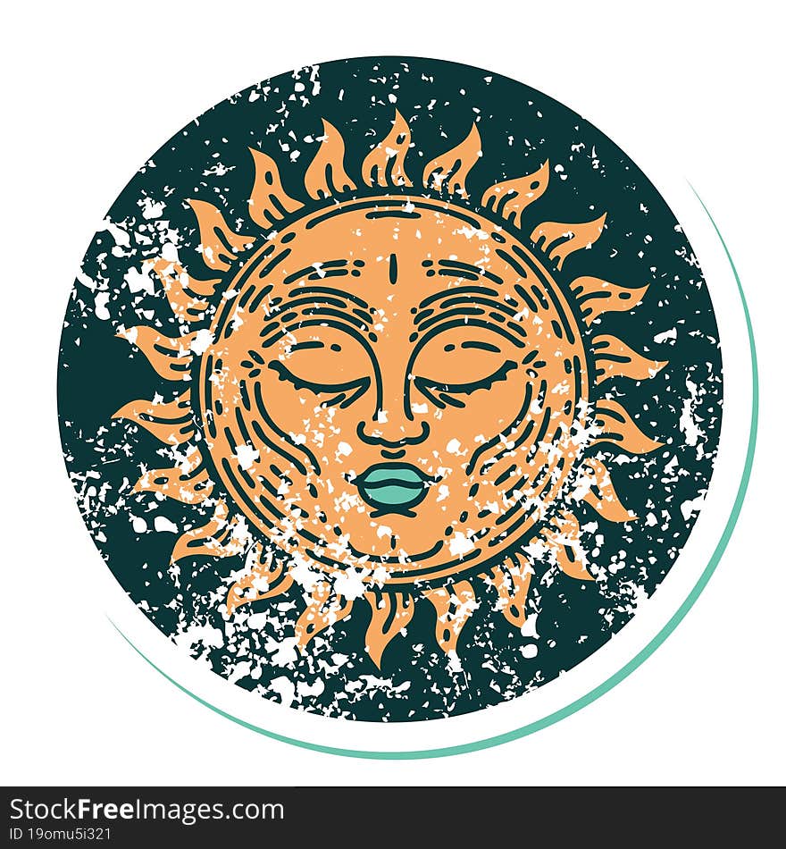 distressed sticker tattoo style icon of a sun