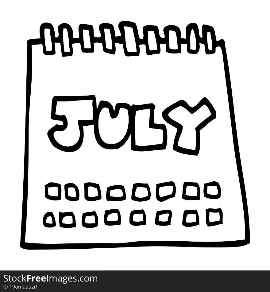 line drawing cartoon calendar showing month of july