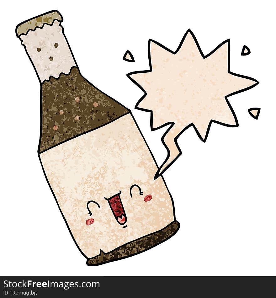 cartoon beer bottle and speech bubble in retro texture style