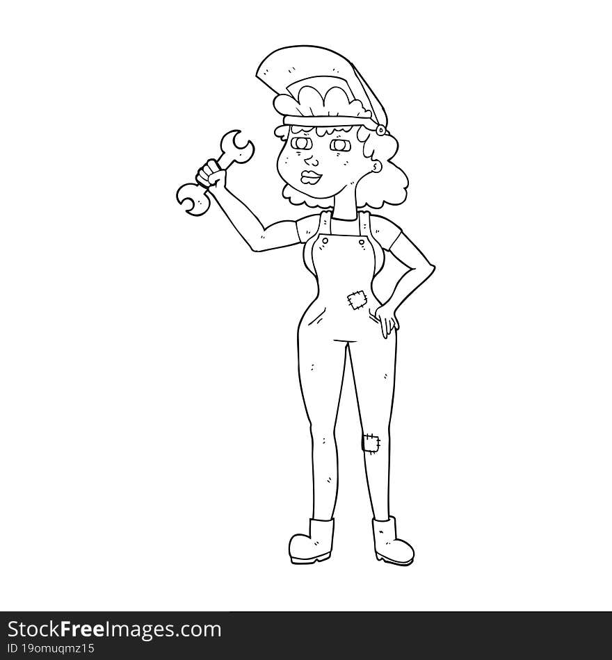 freehand drawn black and white cartoon woman with spanner