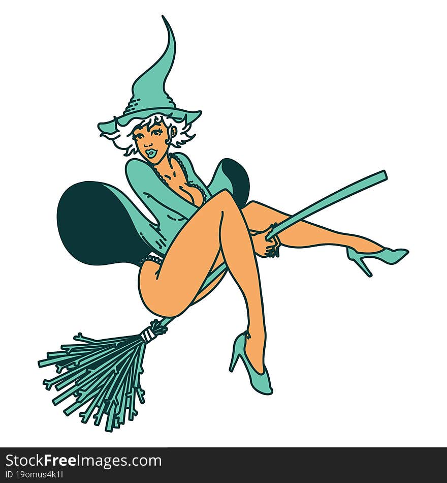 tattoo in traditional style of a pinup witch. tattoo in traditional style of a pinup witch