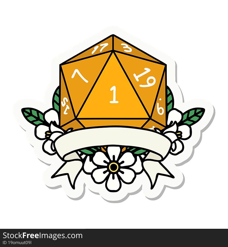 sticker of a natural one d20 dice roll. sticker of a natural one d20 dice roll