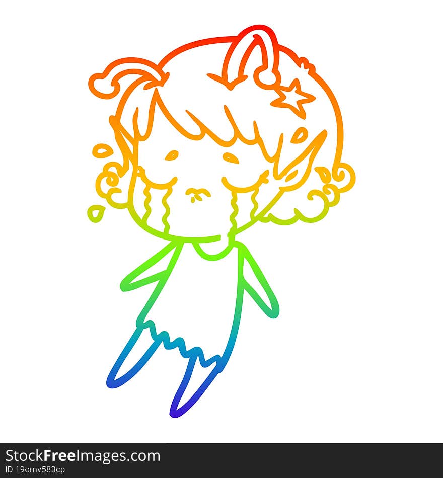 rainbow gradient line drawing of a cartoon crying alien girl