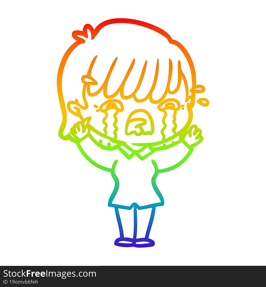 rainbow gradient line drawing of a cartoon girl crying