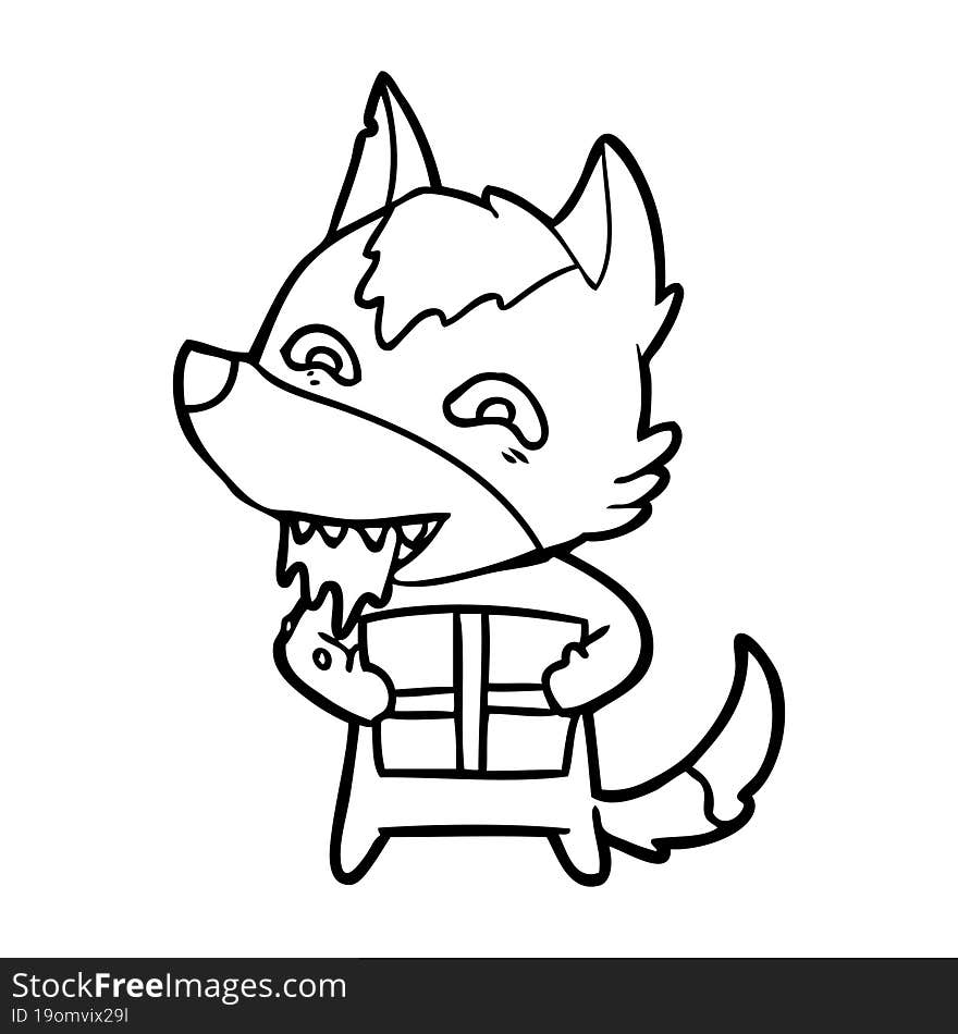 cartoon hungry wolf holding christmas present. cartoon hungry wolf holding christmas present