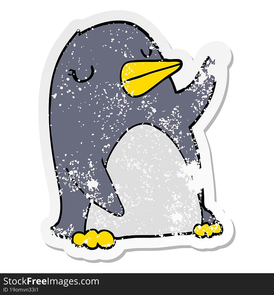 distressed sticker of a cartoon penguin