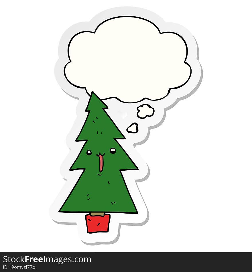 cartoon christmas tree and thought bubble as a printed sticker