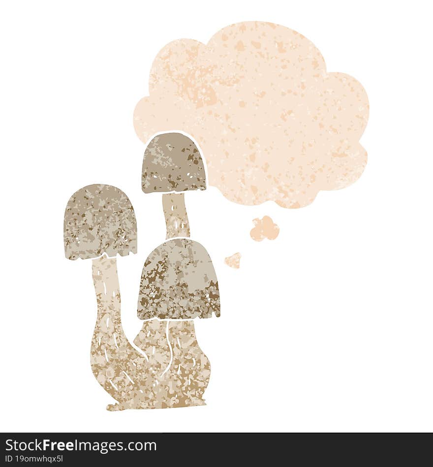 cartoon mushroom with thought bubble in grunge distressed retro textured style. cartoon mushroom with thought bubble in grunge distressed retro textured style