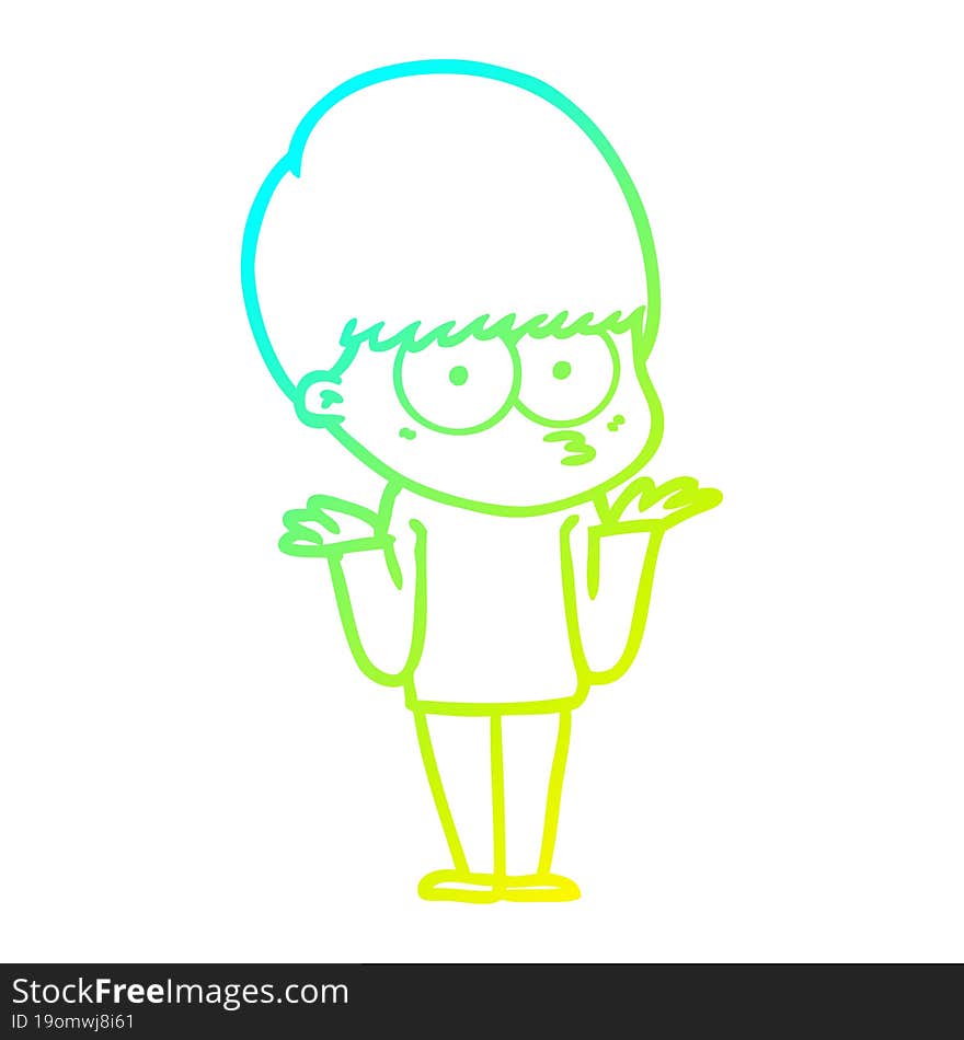 cold gradient line drawing confused cartoon boy shrugging shoulders