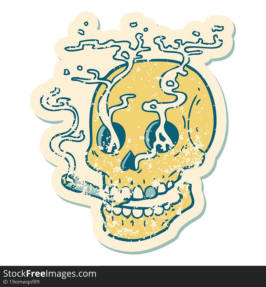 distressed sticker tattoo style icon of a skull smoking