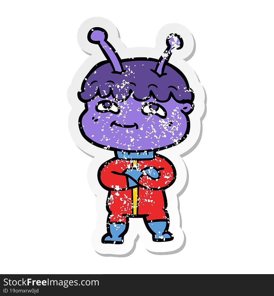 distressed sticker of a friendly cartoon spaceman