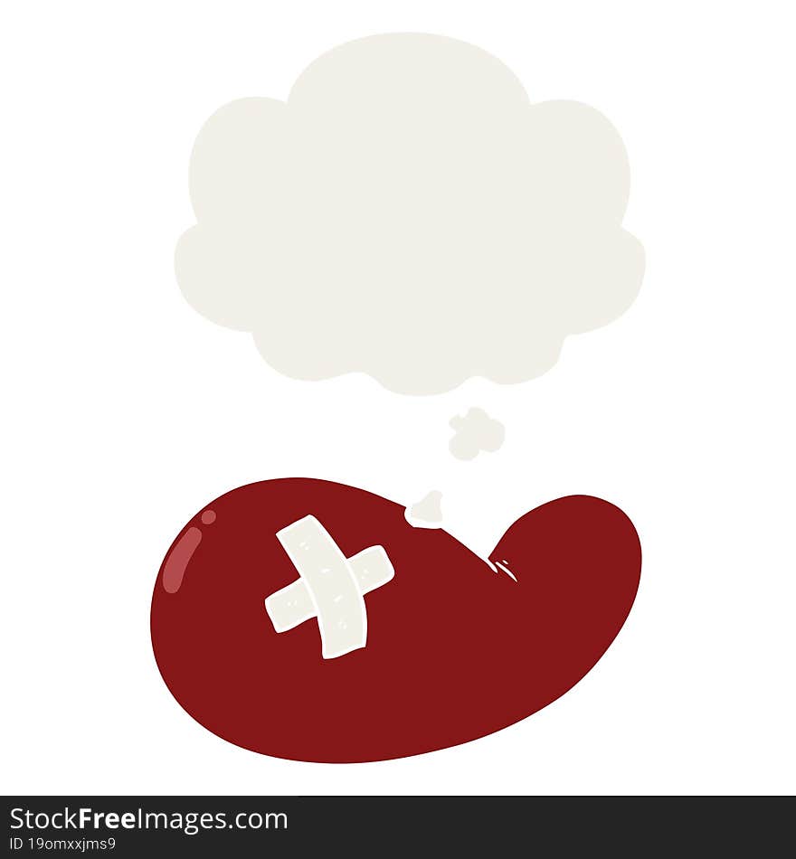 cartoon injured gall bladder with thought bubble in retro style