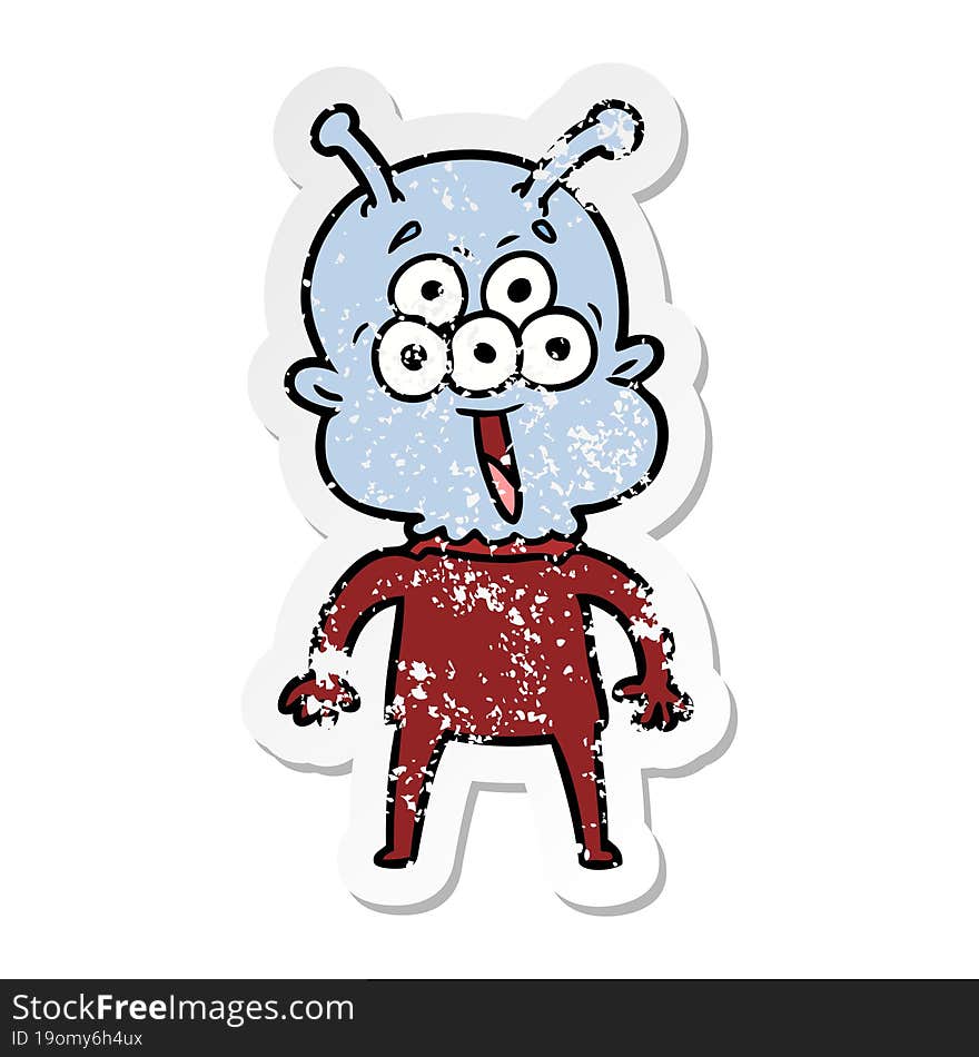 distressed sticker of a happy cartoon alien