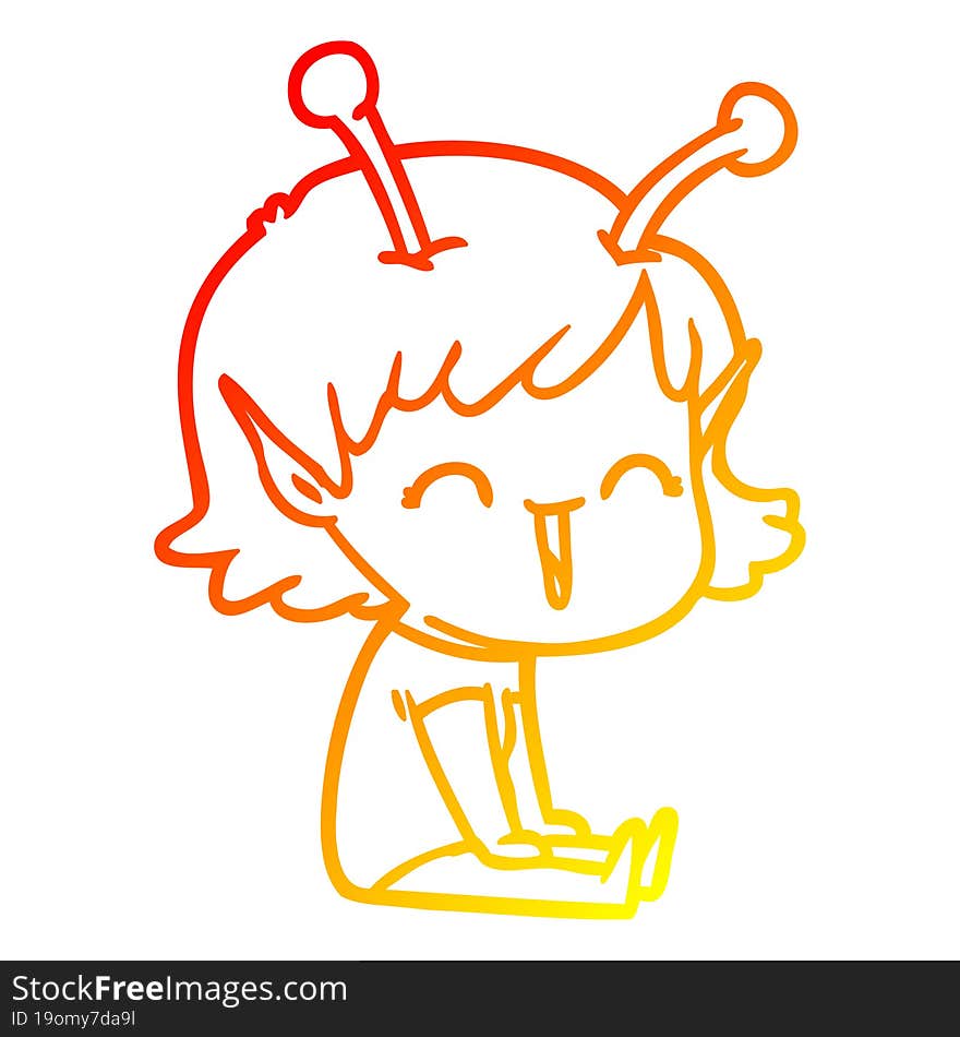 warm gradient line drawing of a cartoon alien girl laughing