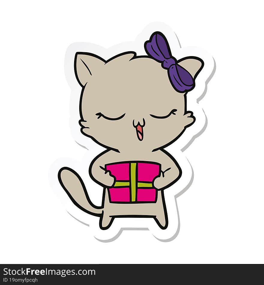 sticker of a cartoon girl cat with christmas present