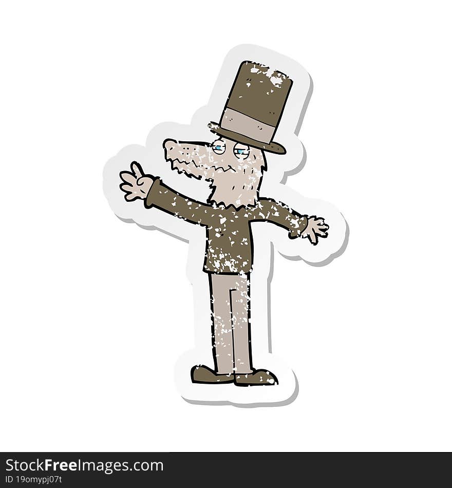 retro distressed sticker of a cartoon werewolf wearing hat