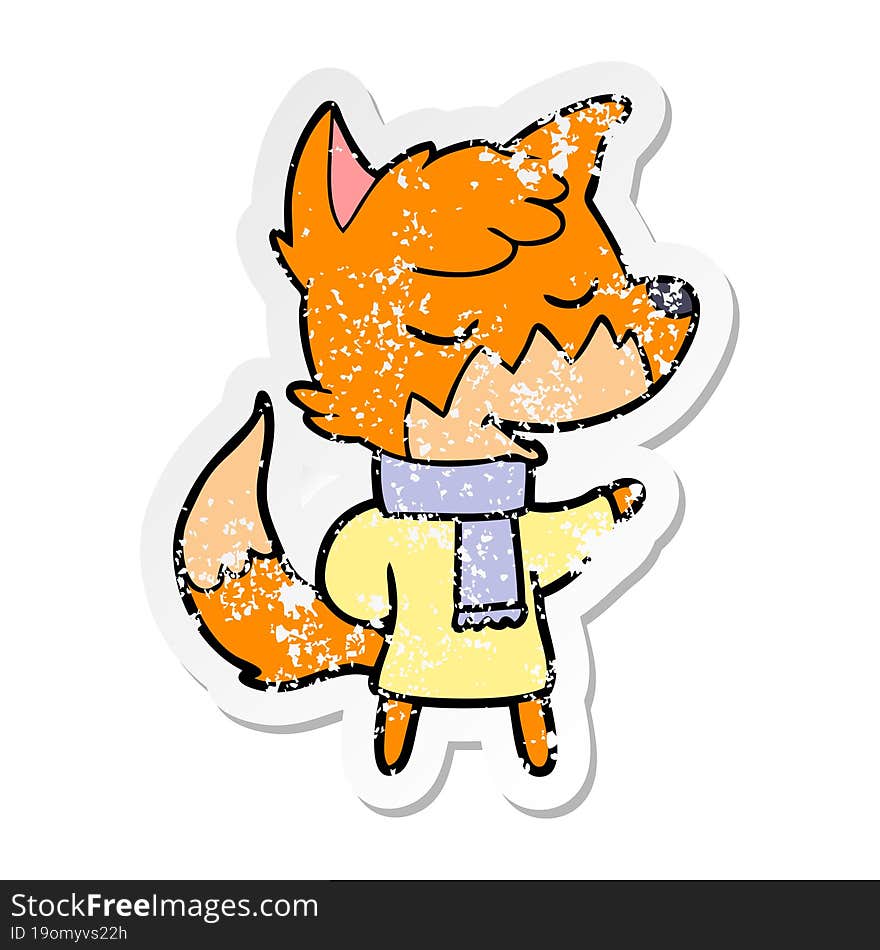 distressed sticker of a friendly cartoon fox in winter clothes