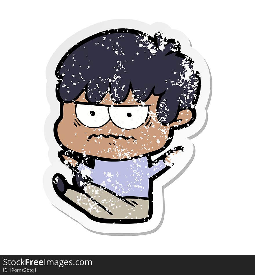 distressed sticker of a annoyed cartoon boy