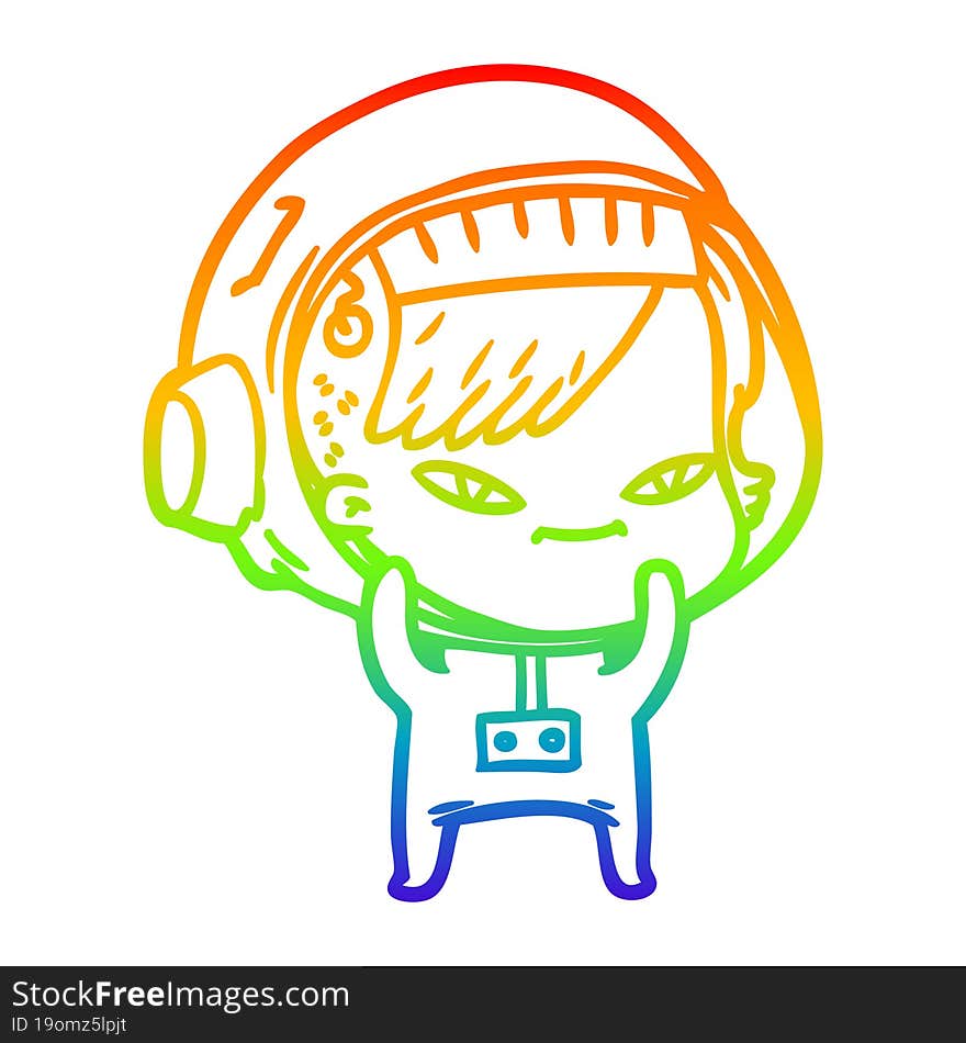 rainbow gradient line drawing of a cartoon astronaut woman