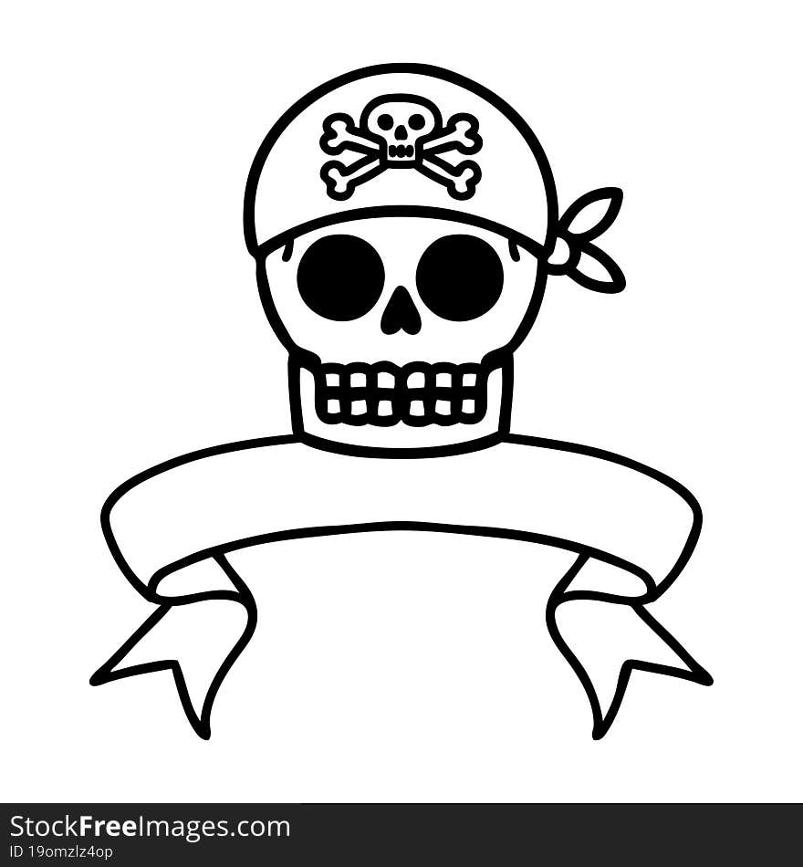 black linework tattoo with banner of a pirate skull