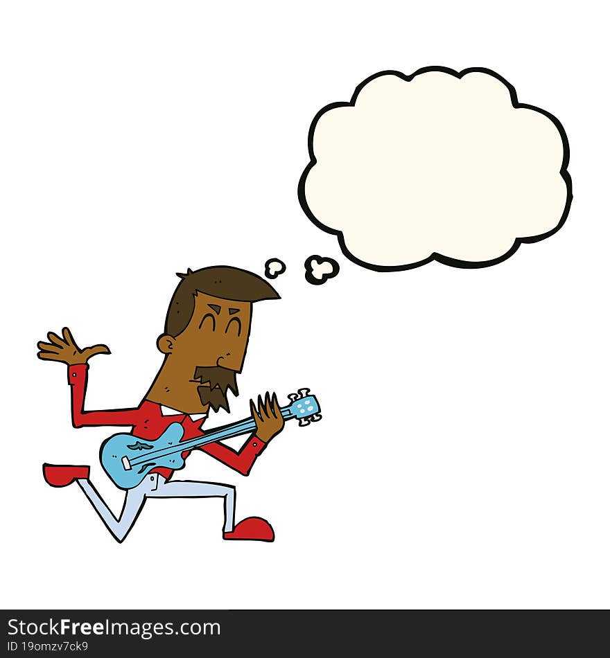 cartoon man playing electric guitar with thought bubble