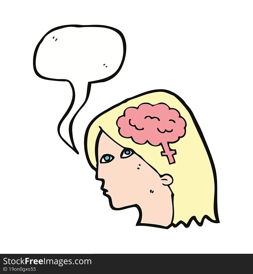 cartoon female head with brain symbol with speech bubble