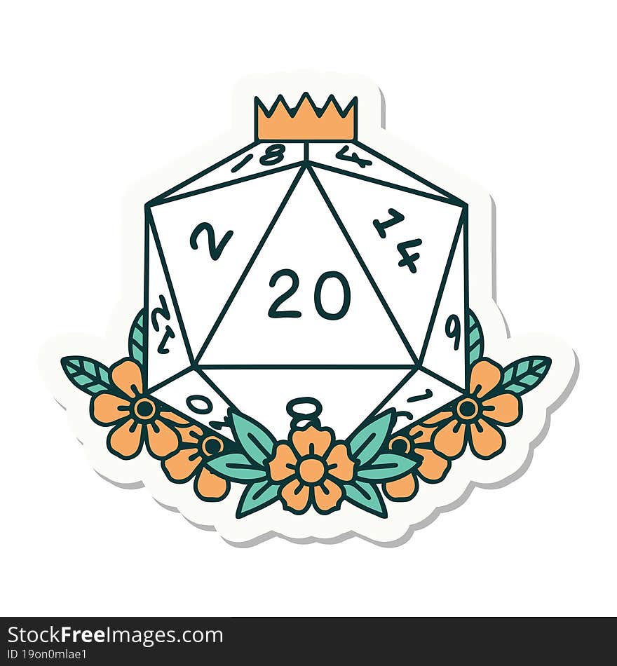 natural 20 D20 dice roll with floral elements sticker