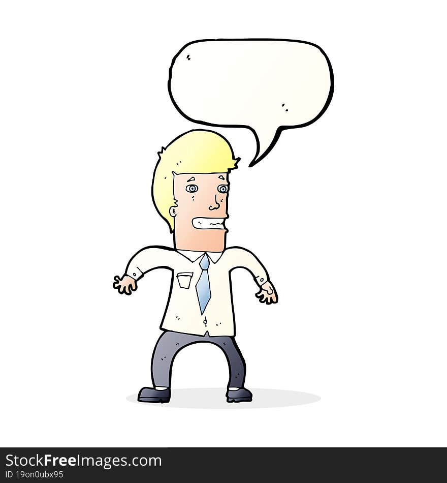 cartoon nervous businessman with speech bubble