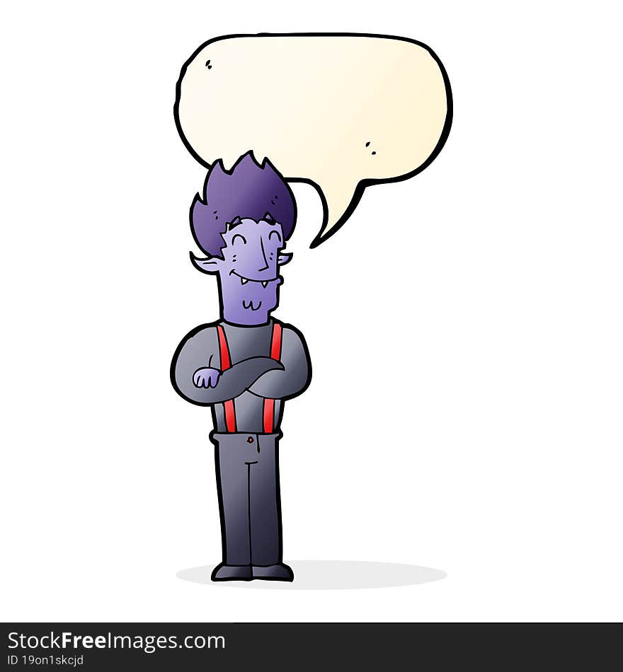 cartoon happy vampire man with speech bubble