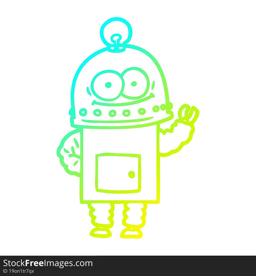 cold gradient line drawing of a happy carton robot with light bulb